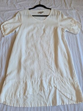 FLAX Elevated Summer Closer Staple Asymmetric Tunic Dress Size P 100% Linen